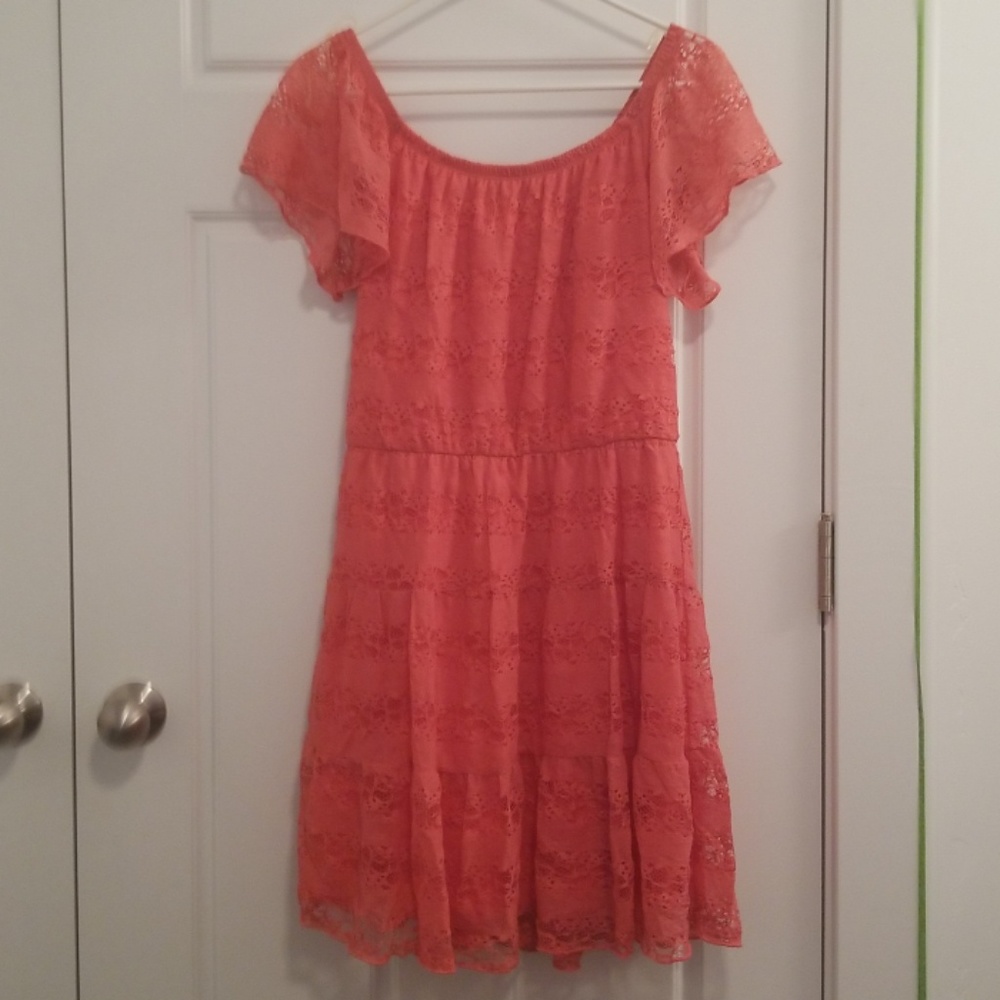 Macy's Coral pink lace dress size large